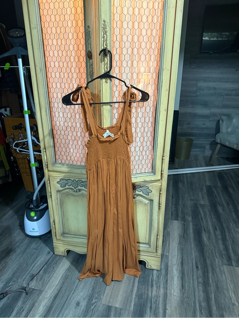 Hippie Rose Tie-Shoulder Smocked Midi Dress in Rust